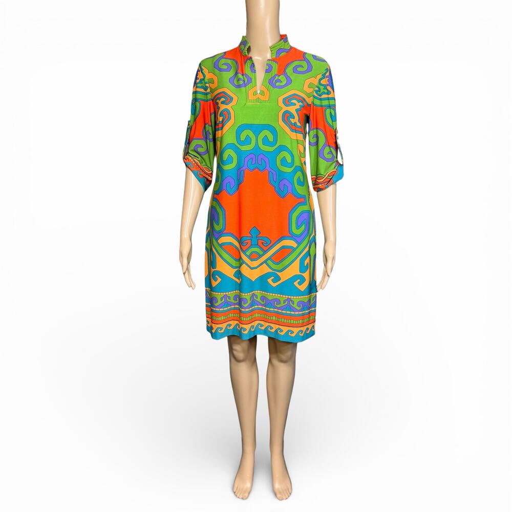 Donna Morgan Womens Tunic Shift Dress Retro Geo Print Pullover Green Orange Sz 6
